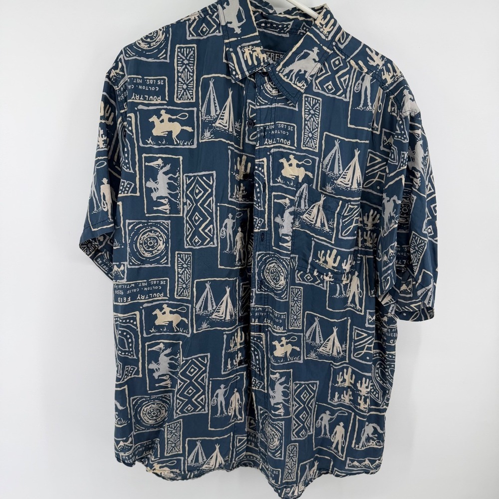 Trentino Mens XL Silk Western Novelty Print Short Sleeve Button Down Shirt Blue